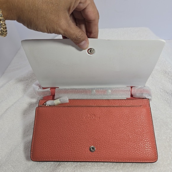 NWT Coach Anna Coral Pebbled Leather Foldover Crossbody Clutch Purse Handbag